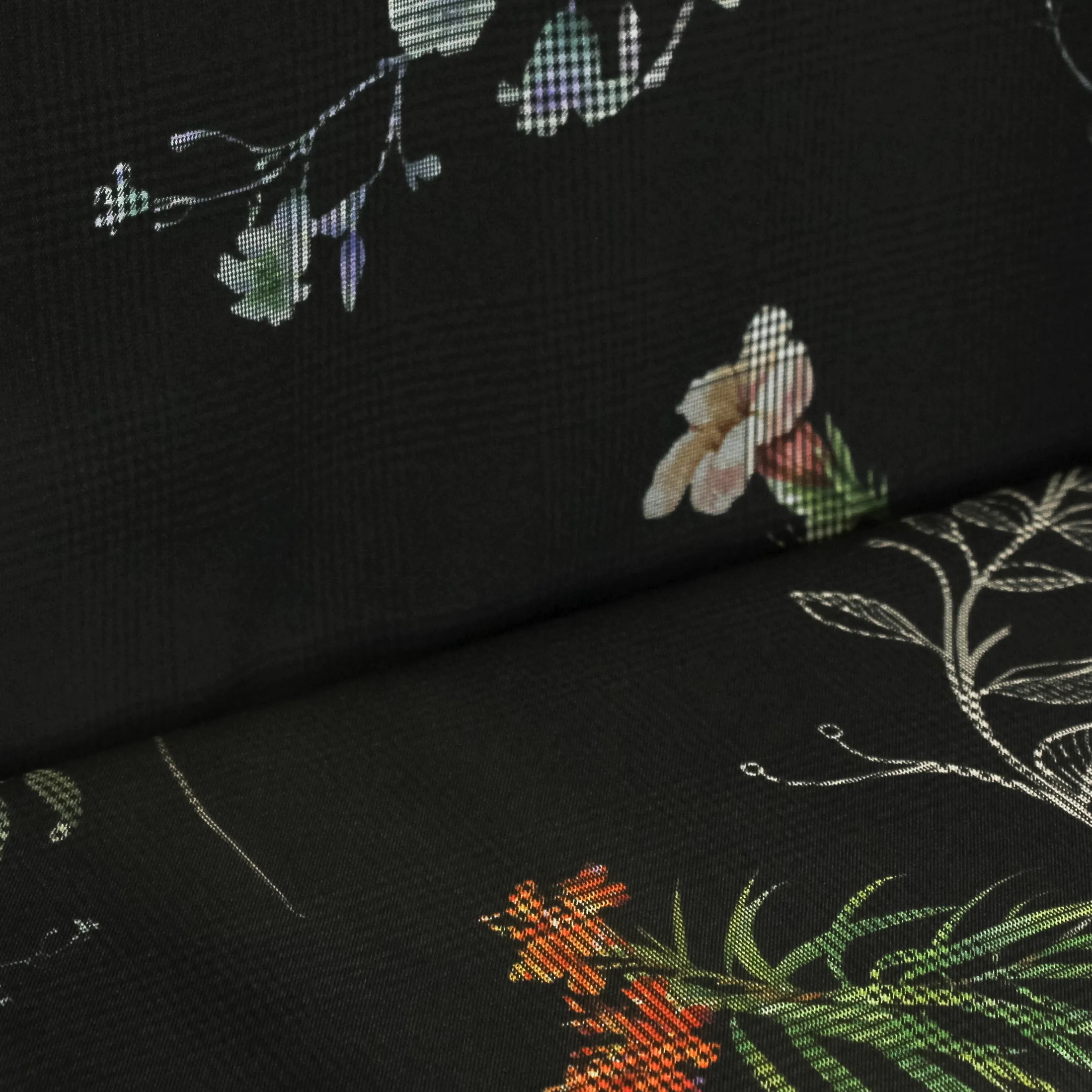 Rekbare polyester dubbelzijdig zwart met bloemen geruit - prince de galles
